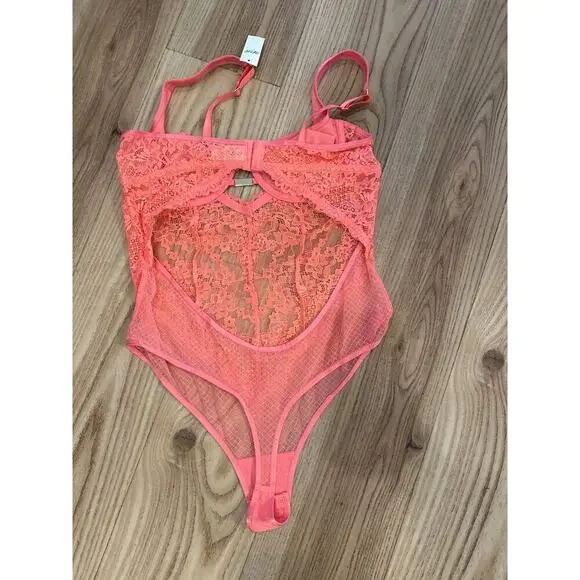 Aerie Show Off Unlined Lace Bodysuit Coral Color 38 C NWT adjustable strap - Picture 5 of 7